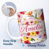 Personalized Custom Name Tropical Hibiscus Bird of Paradise Floral Seamless Pattern Clean 11oz Ceramic Coffee Tea Mug White Large Handle