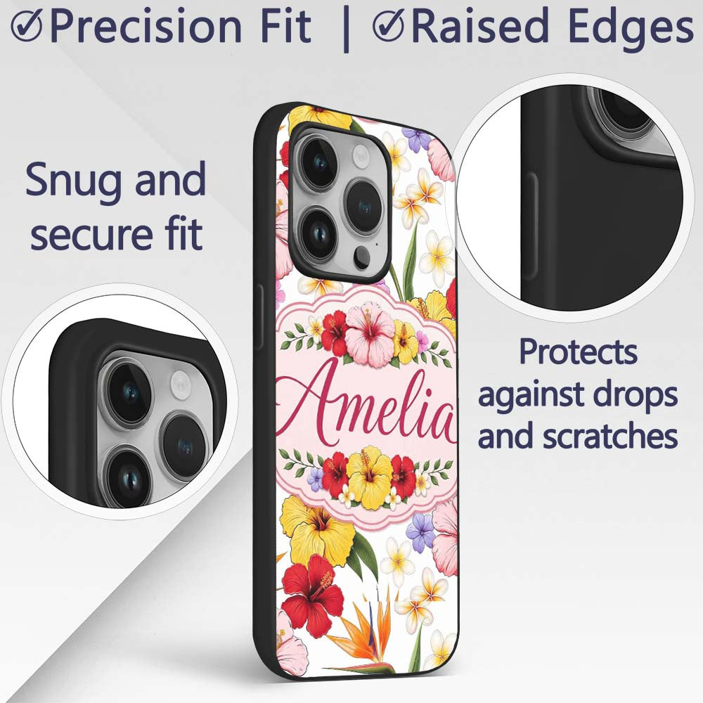 Tropical Hibiscus Bird of Paradise Printed Design Custom Name Protective Phone Case Mobile Cover Durable Everyday Smartphone Shock Resistant