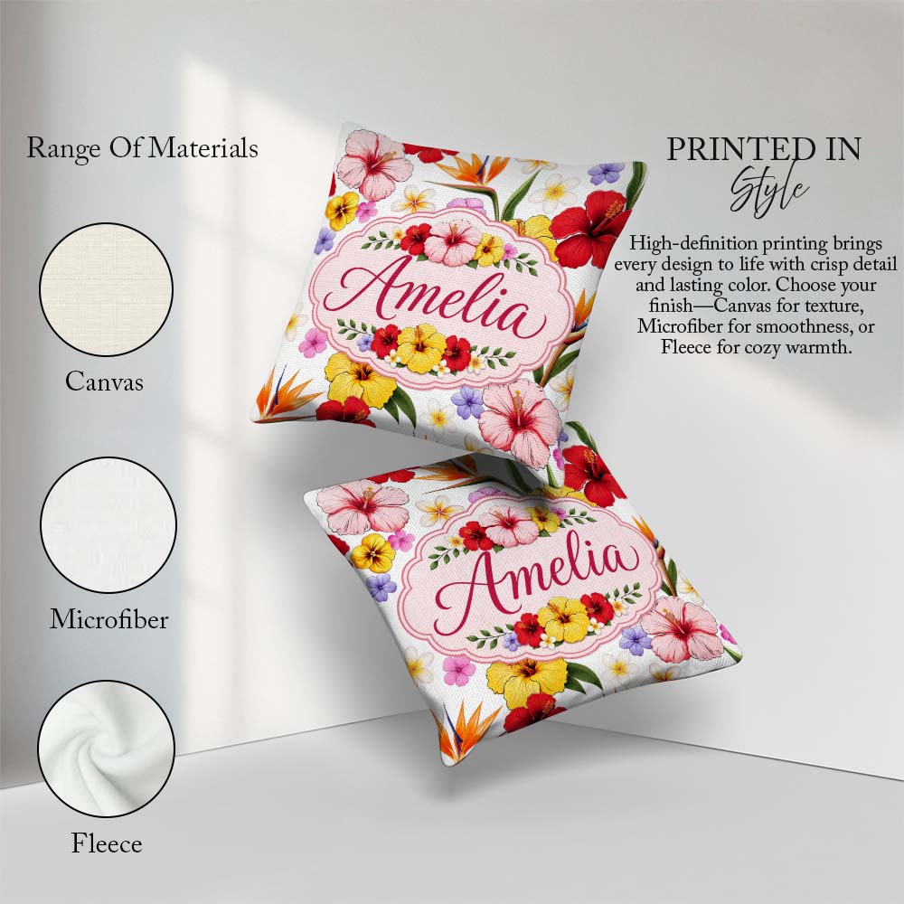 Custom Name Tropical Hibiscus Bird Paradise Floral Pattern Clean Square Filled Cushion Throw Pillow Sofa Bed Home Decor Zip Washable UK Made