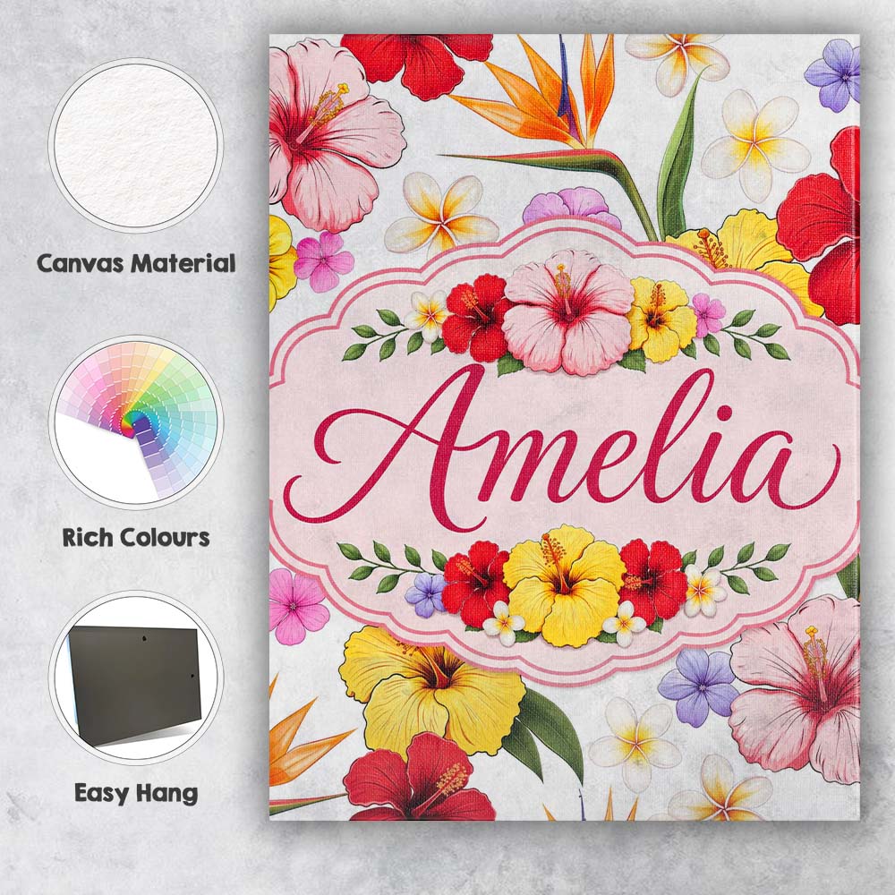 Personalised Name Tropical Hibiscus Bird of Custom  Bespoke Interior Contemporary Canvas Wall Art Print Decor Picture Ready to Hang