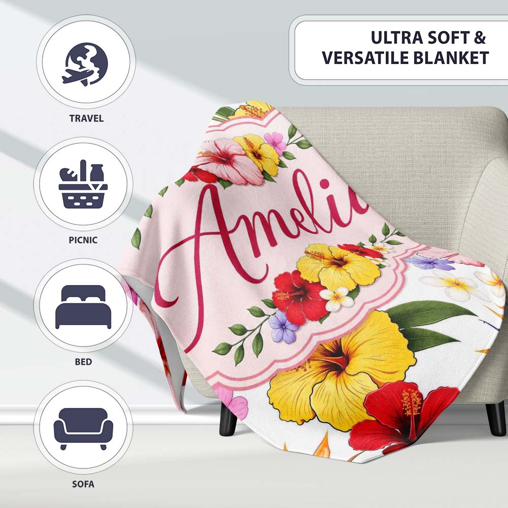 Tropical Hibiscus Bird of Paradise Floral Seamless Pattern Clean  Personalised Custom Name Super Soft Fleece Blanket Bed Sofa Throw