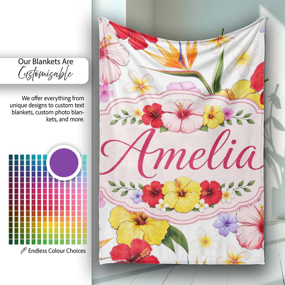 Tropical Hibiscus Bird of Paradise Floral Seamless Pattern Clean  Personalised Custom Name Super Soft Fleece Blanket Bed Sofa Throw