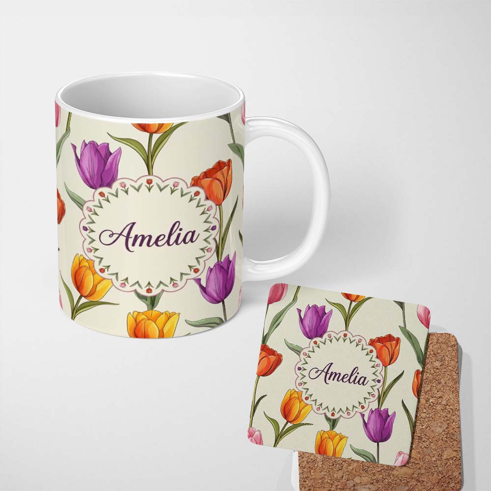 Personalized Custom Name Elegant Tulip Floral Seamless Pattern Soft Neutral Background Name 11oz Ceramic Coffee Tea Mug White Large Handle