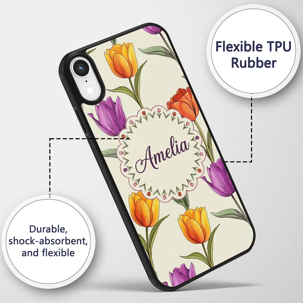 Elegant Tulip Floral Seamless Printed Design Custom Name Protective Phone Case Mobile Cover Durable Everyday Smartphone Shock Resistant