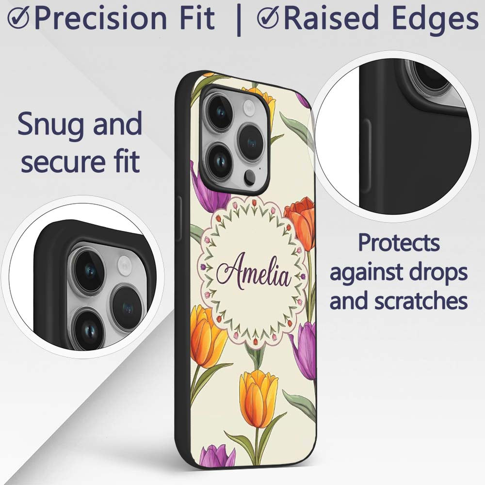 Elegant Tulip Floral Seamless Printed Design Custom Name Protective Phone Case Mobile Cover Durable Everyday Smartphone Shock Resistant