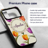 Elegant Tulip Floral Seamless Printed Design Custom Name Protective Phone Case Mobile Cover Durable Everyday Smartphone Shock Resistant