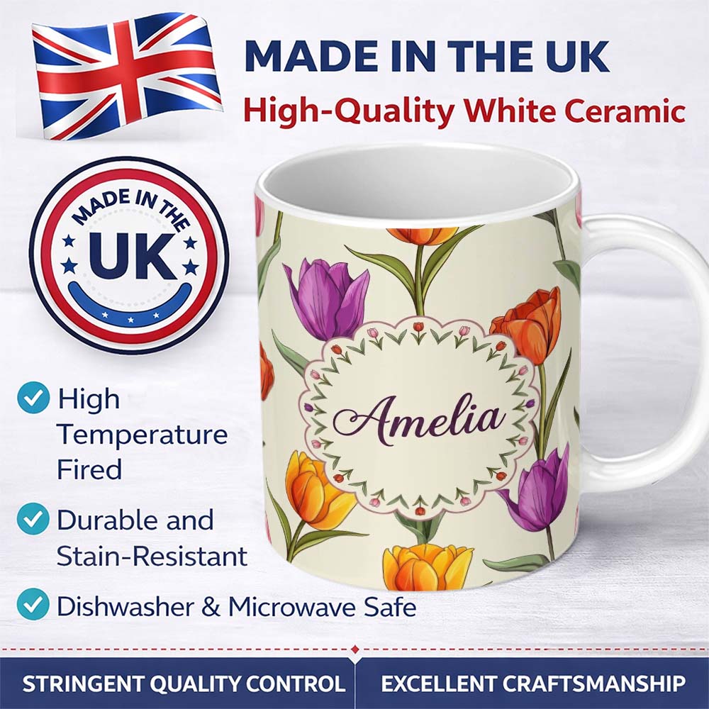 Personalized Custom Name Elegant Tulip Floral Seamless Pattern Soft Neutral Background Name 11oz Ceramic Coffee Tea Mug White Large Handle