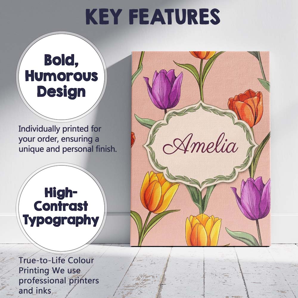 Personalised Name Elegant Tulip Floral Custom  Unique Gift Idea Modern Room Accent Canvas Wall Art Print Decor Picture Ready to Hang
