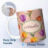 Personalized Custom Name Elegant Tulip Floral Seamless Pattern Warm Peach Background Name 11oz Ceramic Coffee Tea Mug White Large Handle