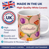 Personalized Custom Name Elegant Tulip Floral Seamless Pattern Warm Peach Background Name 11oz Ceramic Coffee Tea Mug White Large Handle