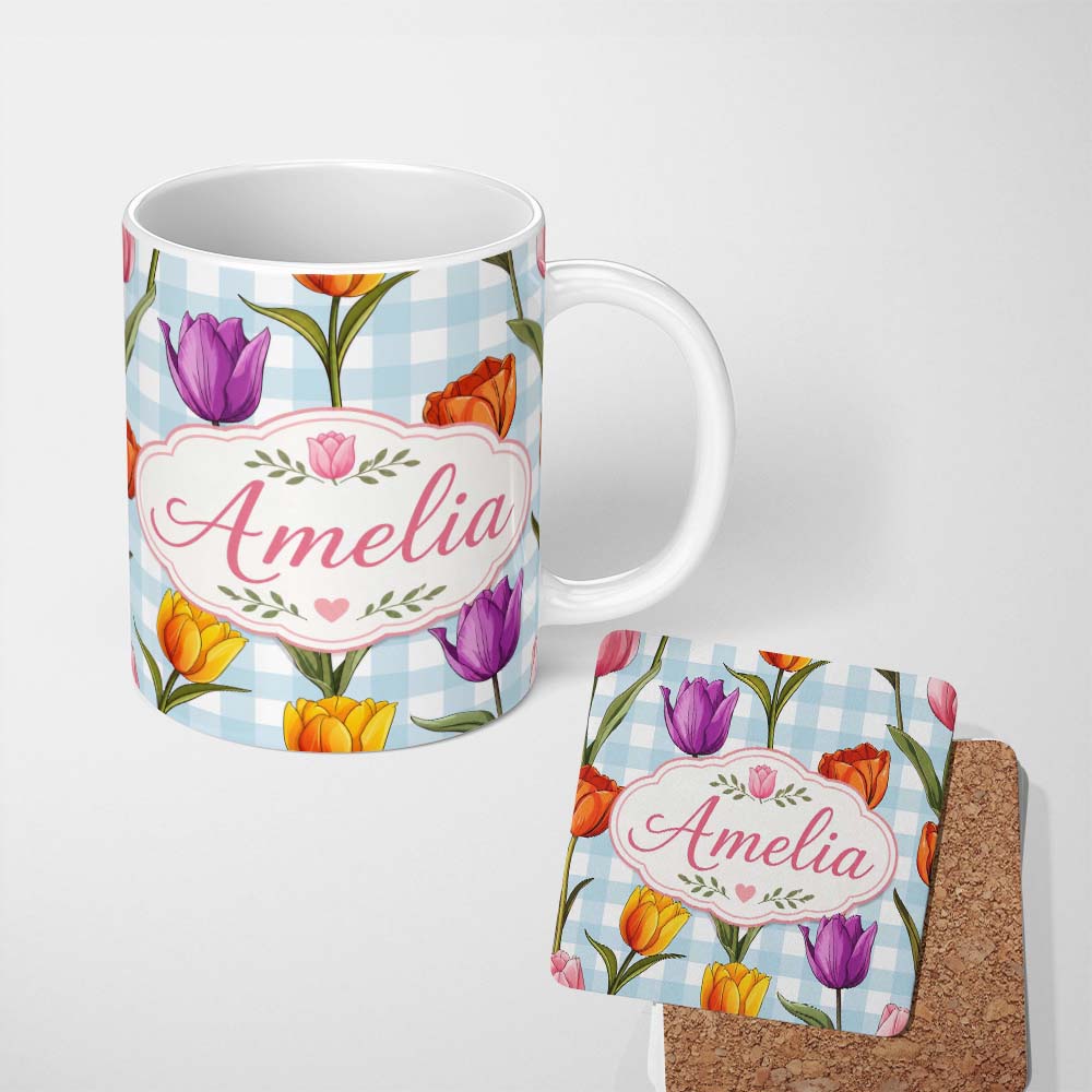 Personalized Custom Name Elegant Tulip Floral Seamless Pattern Blue Gingham Check Background 11oz Ceramic Coffee Tea Mug White Large Handle