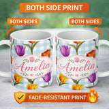 Personalized Custom Name Elegant Tulip Floral Seamless Pattern Blue Gingham Check Background 11oz Ceramic Coffee Tea Mug White Large Handle