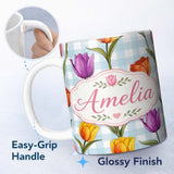 Personalized Custom Name Elegant Tulip Floral Seamless Pattern Blue Gingham Check Background 11oz Ceramic Coffee Tea Mug White Large Handle