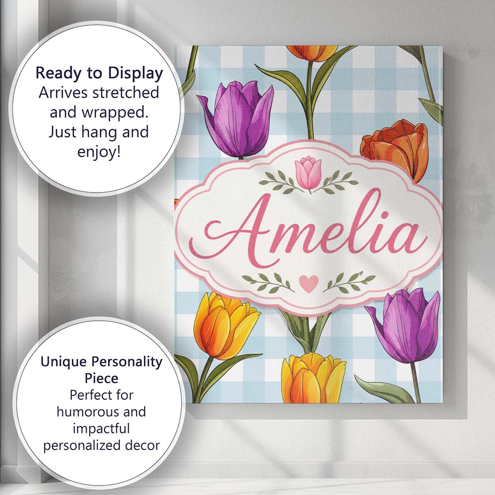Personalised Name Elegant Tulip Floral Custom  Unique Gift Idea Modern Room Accent Canvas Wall Art Print Decor Picture Ready to Hang