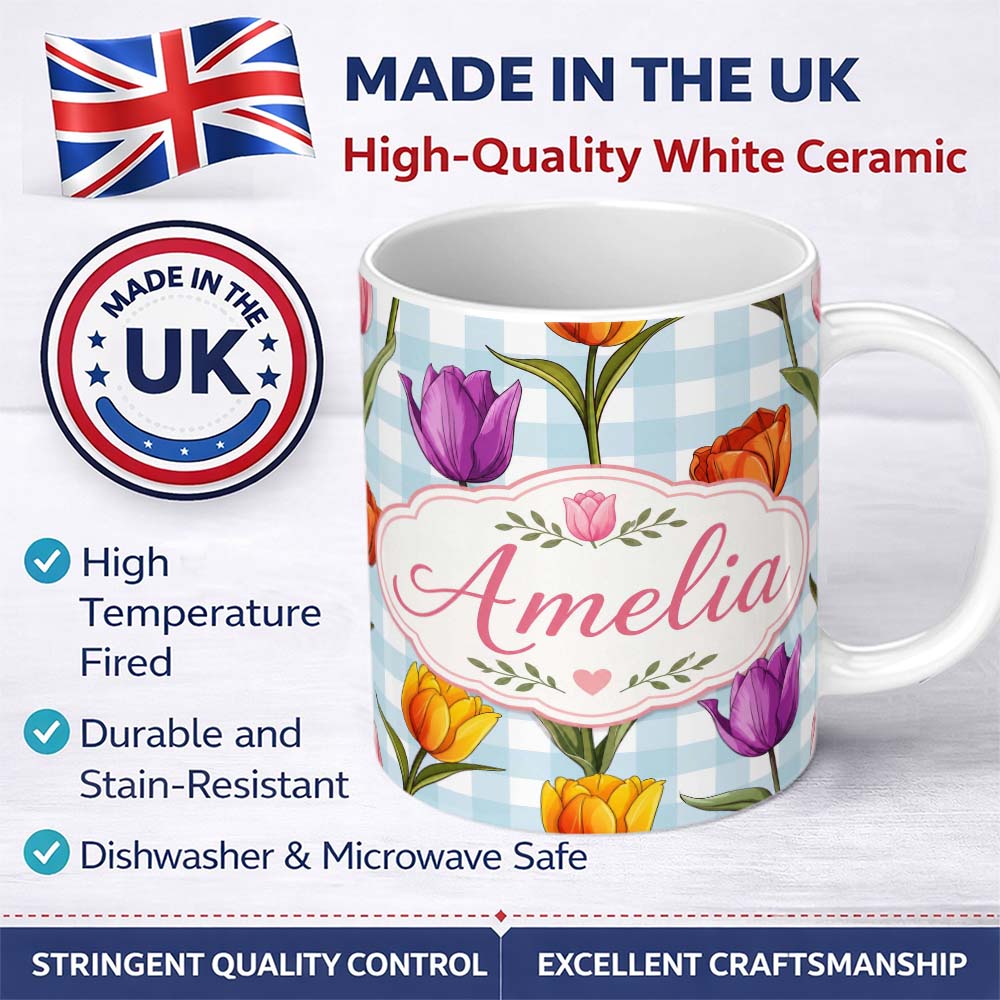 Personalized Custom Name Elegant Tulip Floral Seamless Pattern Blue Gingham Check Background 11oz Ceramic Coffee Tea Mug White Large Handle