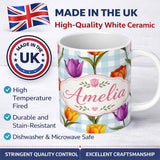Personalized Custom Name Elegant Tulip Floral Seamless Pattern Blue Gingham Check Background 11oz Ceramic Coffee Tea Mug White Large Handle