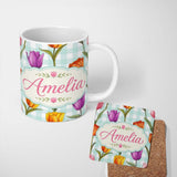 Personalized Custom Name Elegant Tulip Floral Seamless Pattern Mint Gingham Check Background 11oz Ceramic Coffee Tea Mug White Large Handle