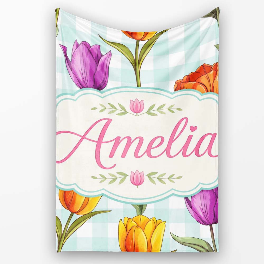 Elegant Tulip Floral Seamless Pattern Mint Gingham Check Background  Personalised Custom Name Super Soft Fleece Blanket Bed Sofa Throw