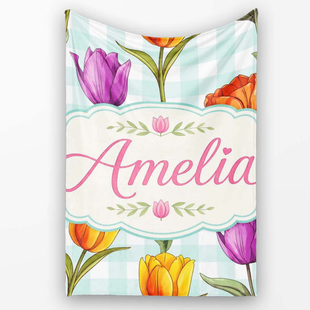 Elegant Tulip Floral Seamless Pattern Mint Gingham Check Background  Personalised Custom Name Super Soft Fleece Blanket Bed Sofa Throw