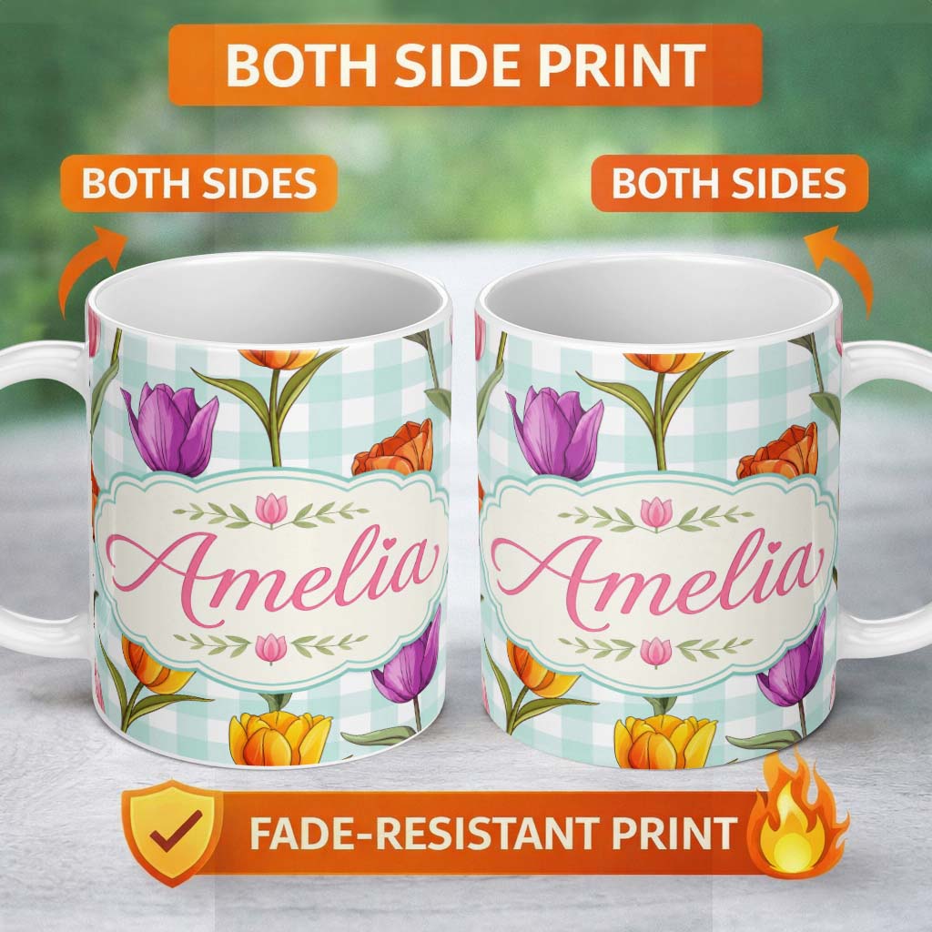 Personalized Custom Name Elegant Tulip Floral Seamless Pattern Mint Gingham Check Background 11oz Ceramic Coffee Tea Mug White Large Handle