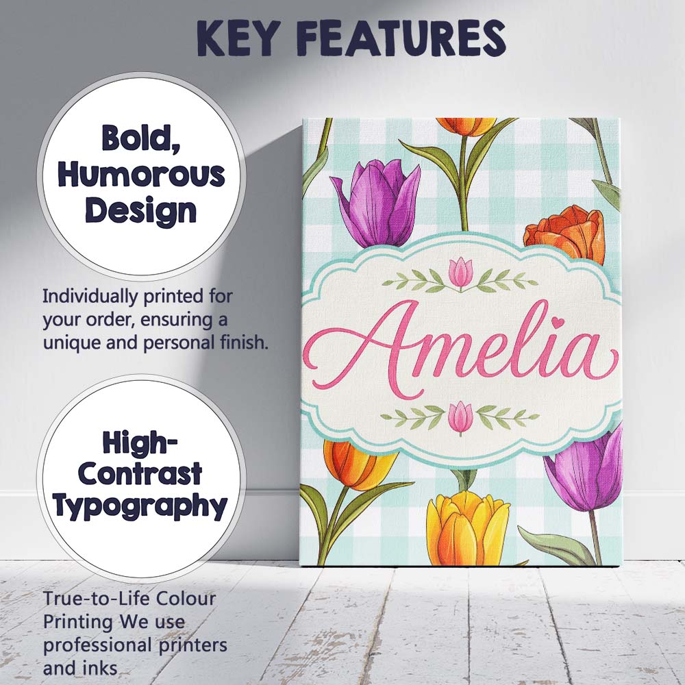 Personalised Name Elegant Tulip Floral Custom  Unique Gift Idea Modern Room Accent Canvas Wall Art Print Decor Picture Ready to Hang