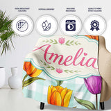 Elegant Tulip Floral Seamless Pattern Mint Gingham Check Background  Personalised Custom Name Super Soft Fleece Blanket Bed Sofa Throw