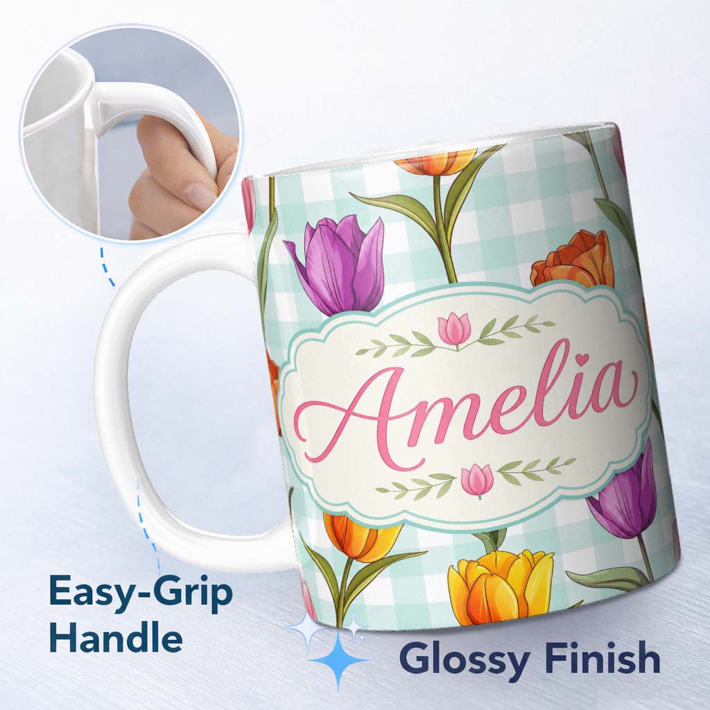 Personalized Custom Name Elegant Tulip Floral Seamless Pattern Mint Gingham Check Background 11oz Ceramic Coffee Tea Mug White Large Handle