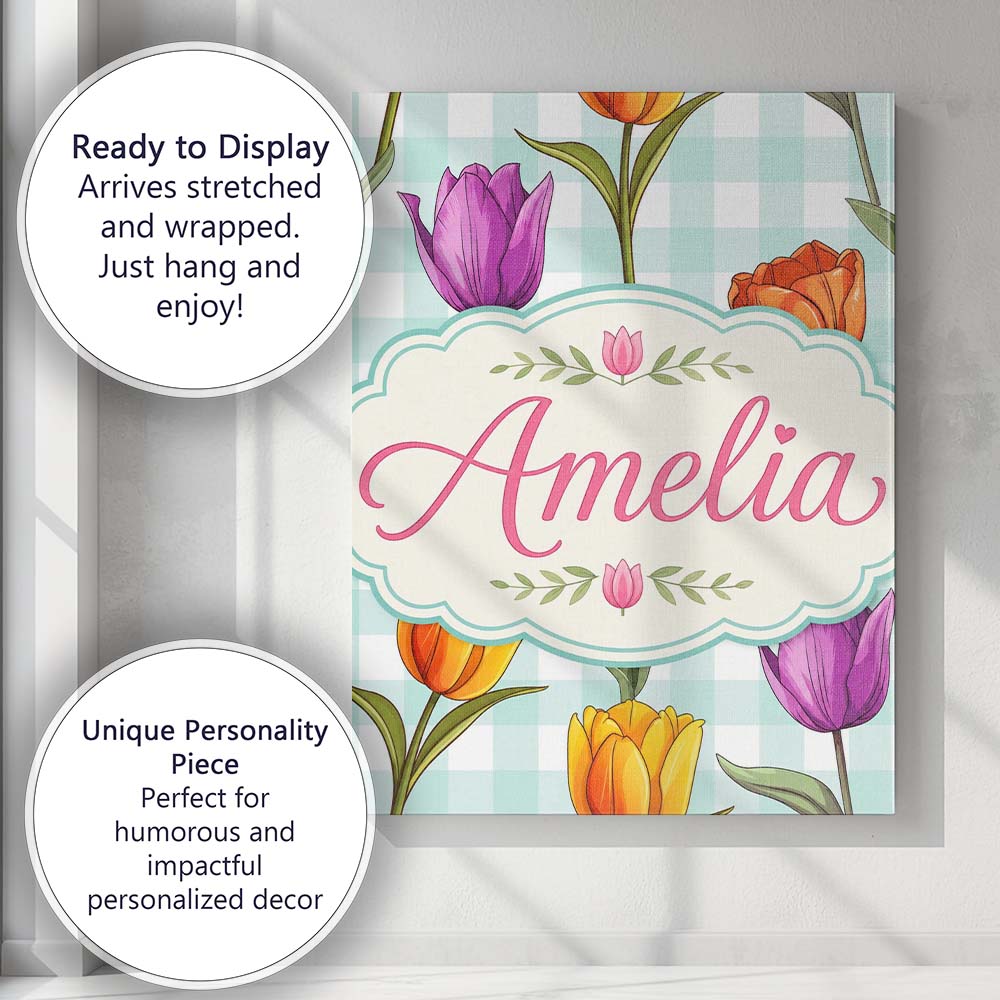 Personalised Name Elegant Tulip Floral Custom  Unique Gift Idea Modern Room Accent Canvas Wall Art Print Decor Picture Ready to Hang