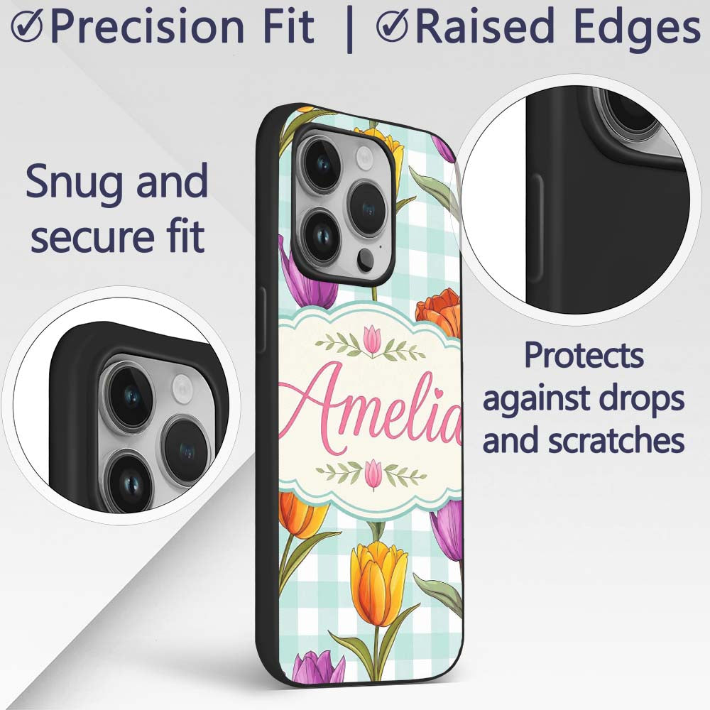 Elegant Tulip Floral Seamless Printed Design Custom Name Protective Phone Case Mobile Cover Durable Everyday Smartphone Shock Resistant