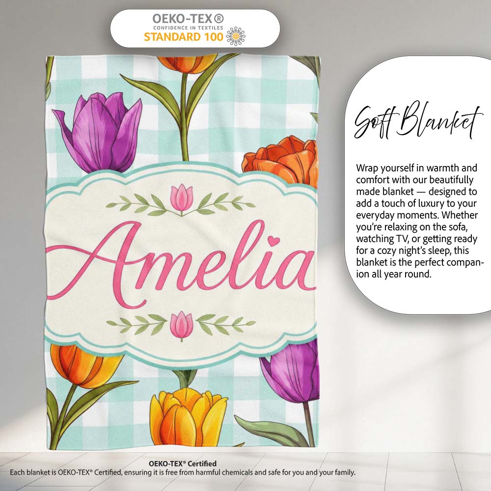 Elegant Tulip Floral Seamless Pattern Mint Gingham Check Background  Personalised Custom Name Super Soft Fleece Blanket Bed Sofa Throw