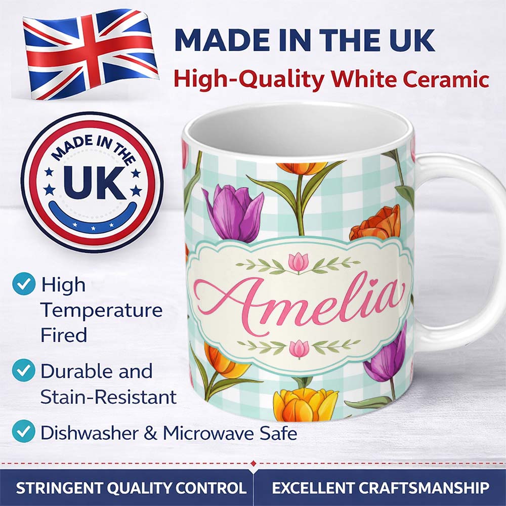 Personalized Custom Name Elegant Tulip Floral Seamless Pattern Mint Gingham Check Background 11oz Ceramic Coffee Tea Mug White Large Handle