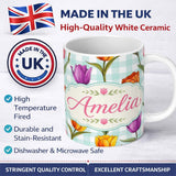 Personalized Custom Name Elegant Tulip Floral Seamless Pattern Mint Gingham Check Background 11oz Ceramic Coffee Tea Mug White Large Handle
