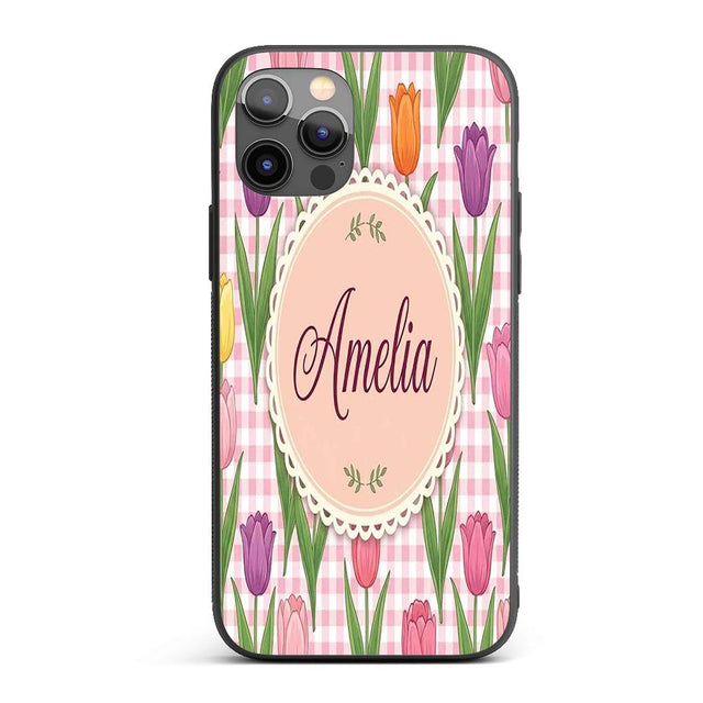 Elegant Tulip Floral Seamless Printed Design Custom Name Protective Phone Case Mobile Cover Durable Everyday Smartphone Shock Resistant