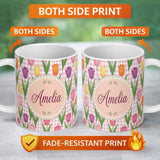 Personalized Custom Name Elegant Tulip Floral Seamless Pattern Pink Gingham Check Background 11oz Ceramic Coffee Tea Mug White Large Handle