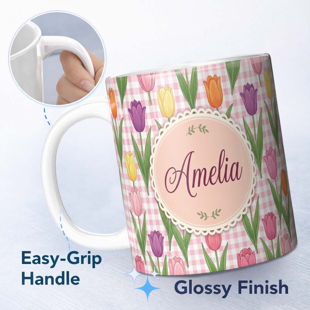 Personalized Custom Name Elegant Tulip Floral Seamless Pattern Pink Gingham Check Background 11oz Ceramic Coffee Tea Mug White Large Handle