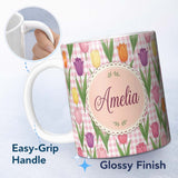 Personalized Custom Name Elegant Tulip Floral Seamless Pattern Pink Gingham Check Background 11oz Ceramic Coffee Tea Mug White Large Handle