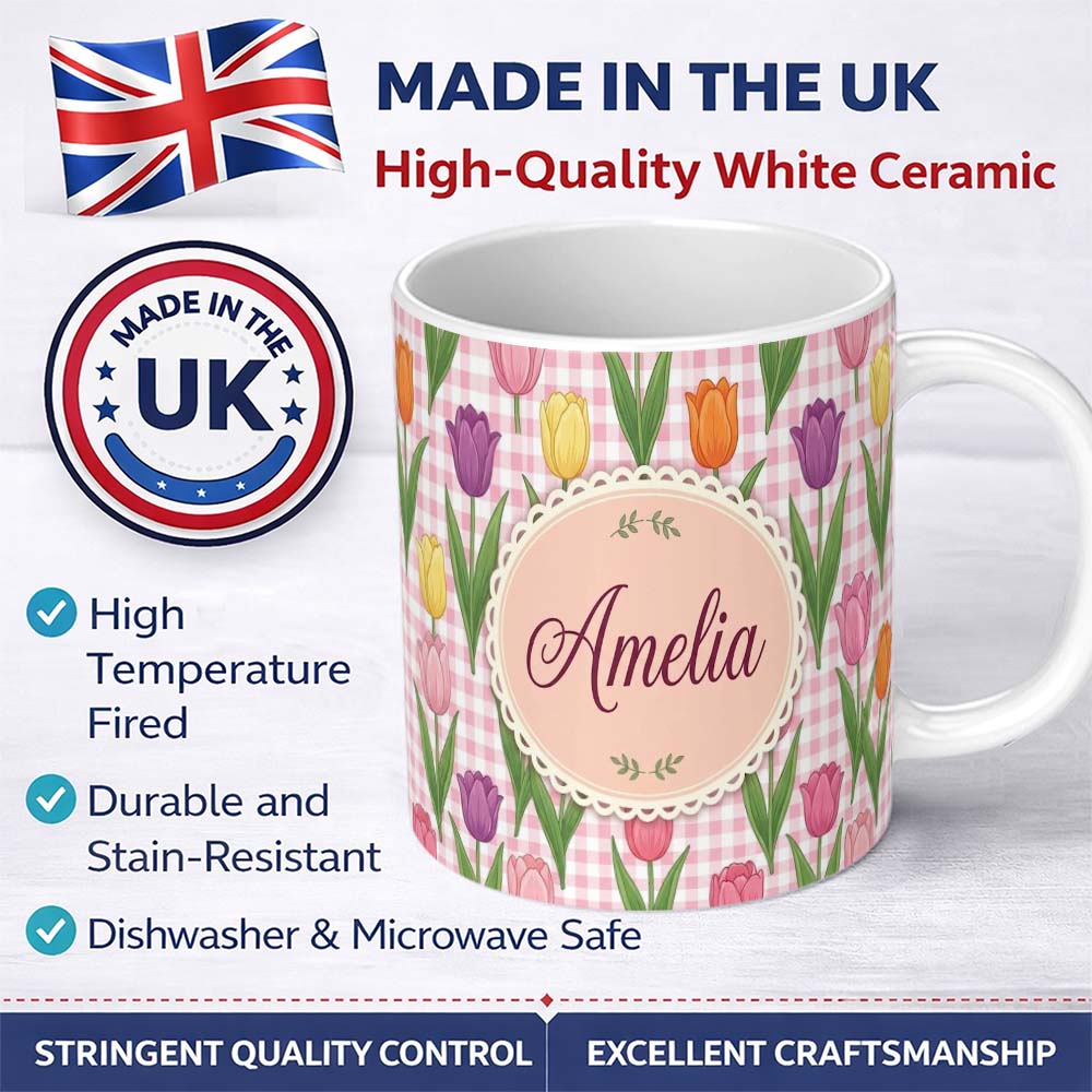 Personalized Custom Name Elegant Tulip Floral Seamless Pattern Pink Gingham Check Background 11oz Ceramic Coffee Tea Mug White Large Handle