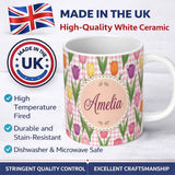 Personalized Custom Name Elegant Tulip Floral Seamless Pattern Pink Gingham Check Background 11oz Ceramic Coffee Tea Mug White Large Handle