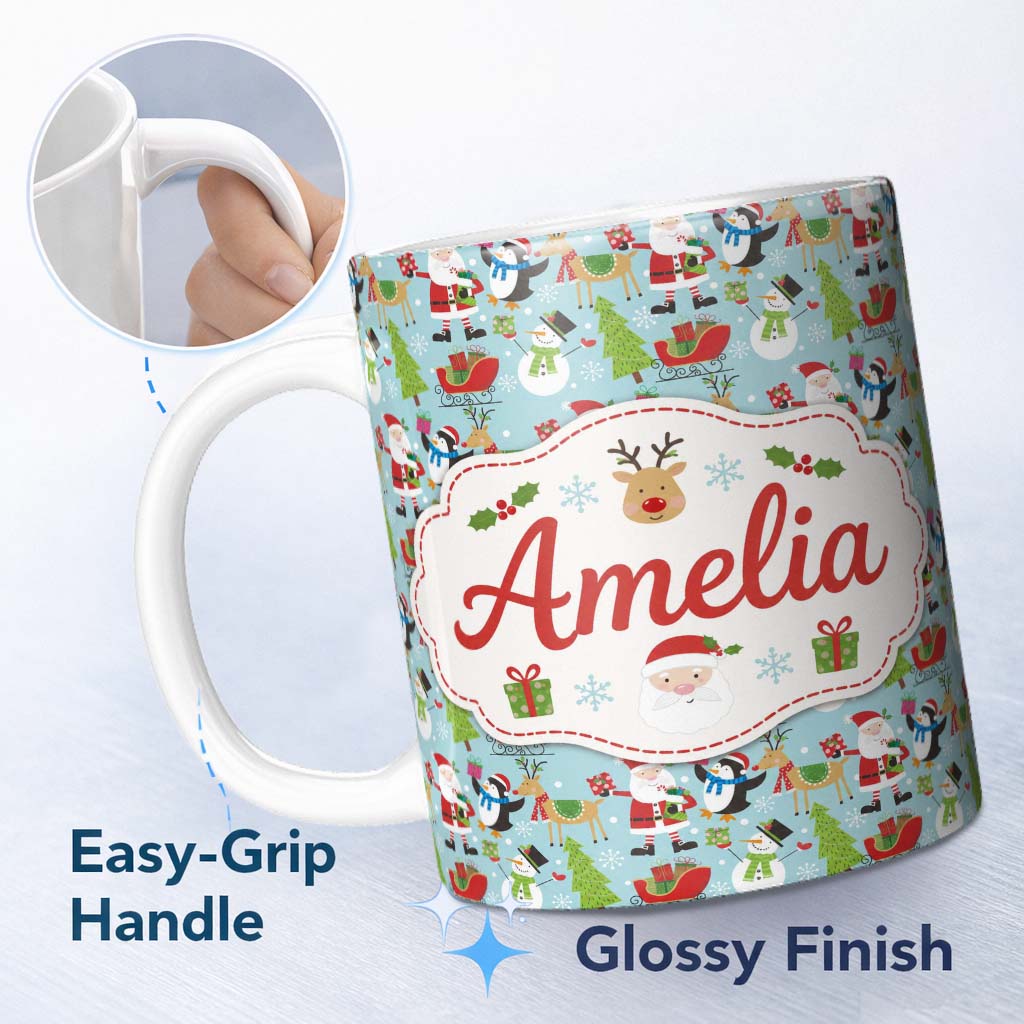 Personalized Custom Name Cute Santa Penguin Reindeer Sleigh Seamless Pattern Cute Unique Gift 11oz Ceramic Coffee Tea Mug White Large Handle