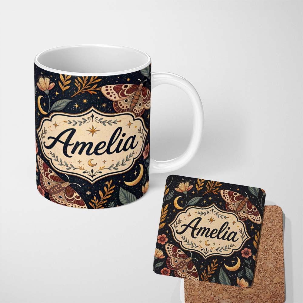 Personalized Custom Name Dark Forest Moon Trees Starry Night Seamless Pattern Lovely 11oz Ceramic Coffee Tea Mug White Large Handle