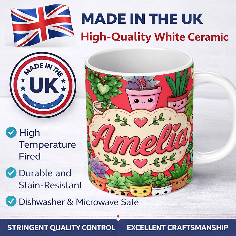 Personalized Custom Name Cute Kawaii Smiling Plant Pots Succulents Leaves Pattern Red Lovely 11oz Ceramic Coffee Tea Mug White Large Handle