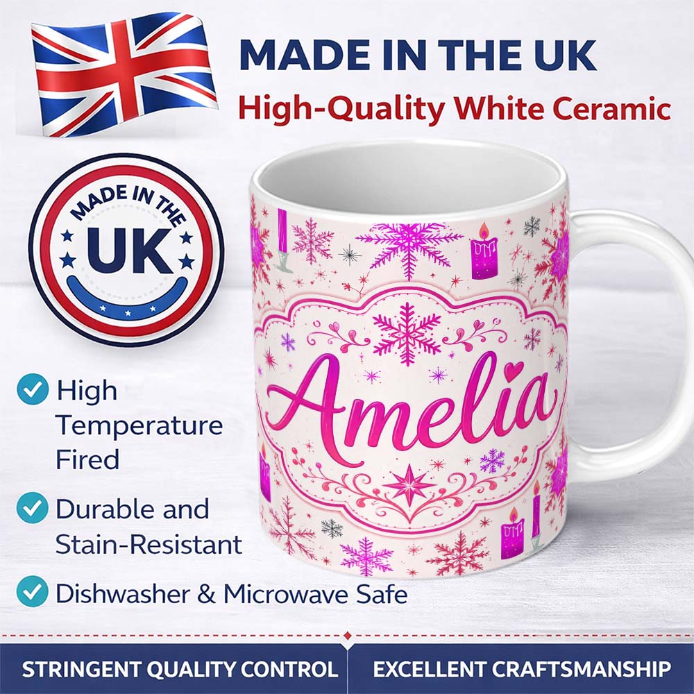 Personalized Custom Name Pink Candle Snowflake Winter Festive Seamless Pattern Lovely 11oz Ceramic Coffee Tea Mug White Large Handle