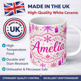 Personalized Custom Name Pink Candle Snowflake Winter Festive Seamless Pattern Lovely 11oz Ceramic Coffee Tea Mug White Large Handle
