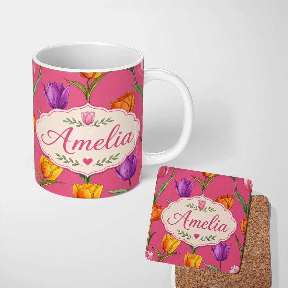 Personalized Custom Name Elegant Tulip Floral Seamless Pattern Bright Pink Background Name 11oz Ceramic Coffee Tea Mug White Large Handle