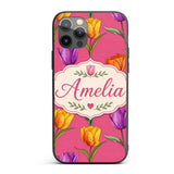 Elegant Tulip Floral Seamless Pattern Bright Pink Custom Name Protective Phone Case Mobile Cover Durable Everyday Smartphone Shock Resistant