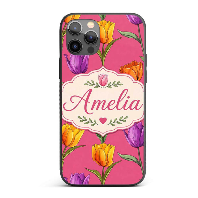 Elegant Tulip Floral Seamless Pattern Bright Pink Custom Name Protective Phone Case Mobile Cover Durable Everyday Smartphone Shock Resistant