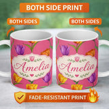 Personalized Custom Name Elegant Tulip Floral Seamless Pattern Bright Pink Background Name 11oz Ceramic Coffee Tea Mug White Large Handle