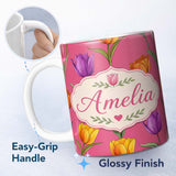 Personalized Custom Name Elegant Tulip Floral Seamless Pattern Bright Pink Background Name 11oz Ceramic Coffee Tea Mug White Large Handle