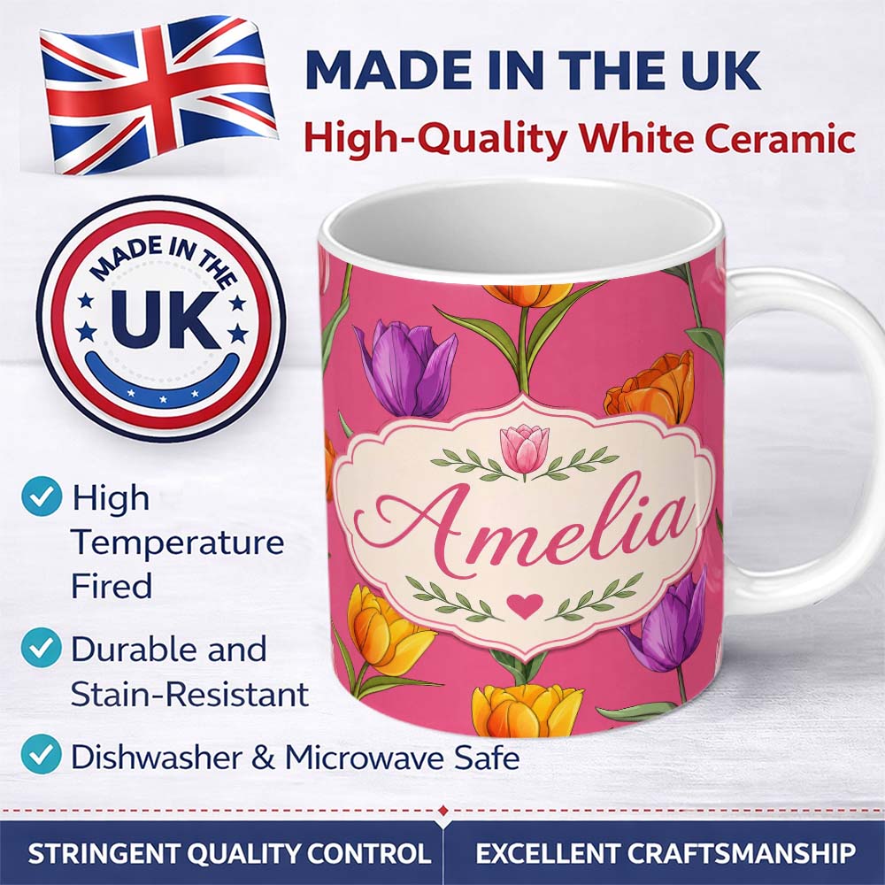 Personalized Custom Name Elegant Tulip Floral Seamless Pattern Bright Pink Background Name 11oz Ceramic Coffee Tea Mug White Large Handle