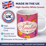 Personalized Custom Name Elegant Tulip Floral Seamless Pattern Bright Pink Background Name 11oz Ceramic Coffee Tea Mug White Large Handle